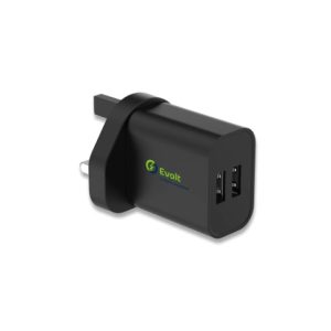 Evolt 3.4A Dual USB Travel Fast Charger, USB-A to TYPE-C Cable, 1M Length, Wall Mount, Up to 2.4A Charging Speed, Up to 480 Mbps Data Transfer Rate, USB x 2 Ports, Black | TC-100